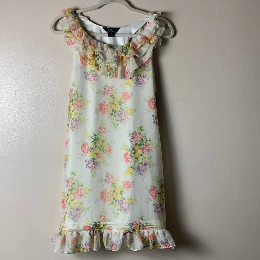 Girl Ralph Lauren Floral Chiffon Ruffle Shift Dress Size 16 Pastel Spring Easter